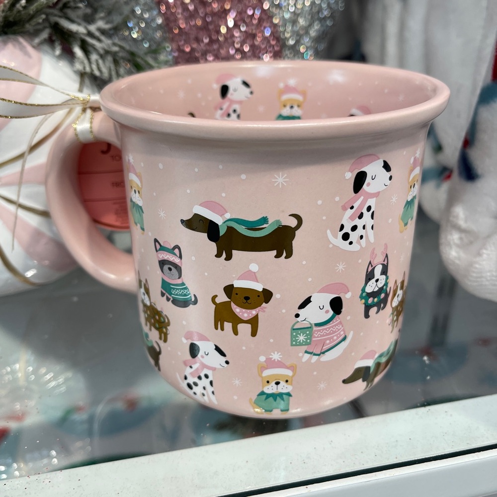 Pink Christmas Dogs Winter Frenchies Dachshund Dalmatians Ceramic Coffee Mug NWT